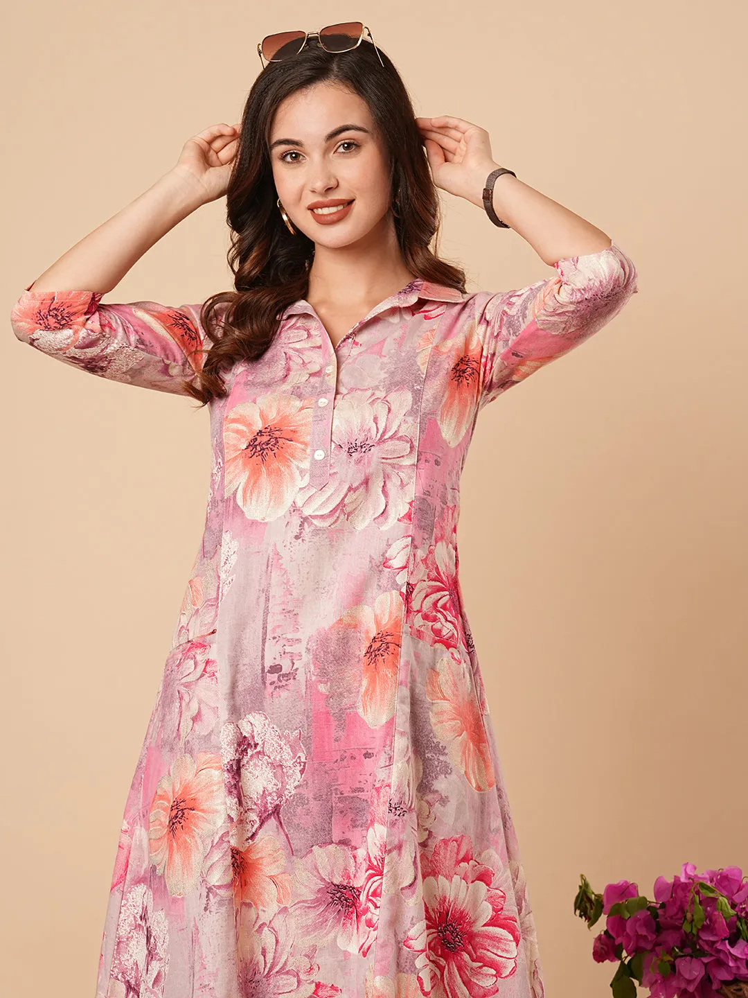 Abstract Floral Foil Printed A-Line Paneled Midi Dress - Pink
