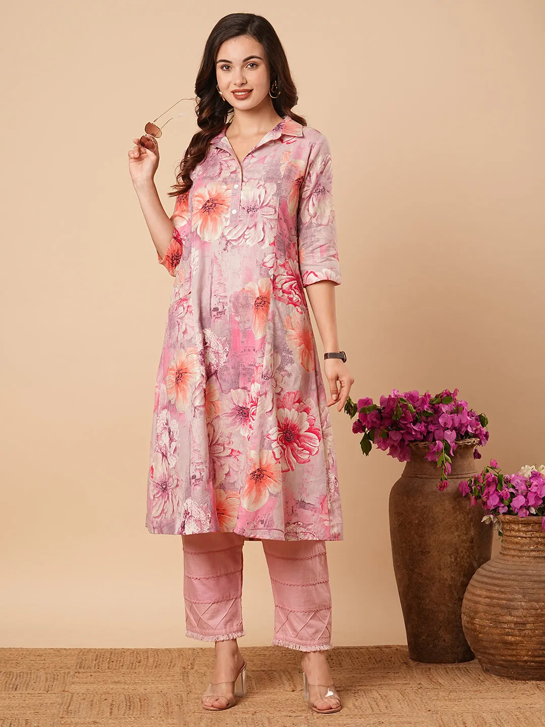 Abstract Floral Foil Printed A-Line Paneled Midi Dress - Pink