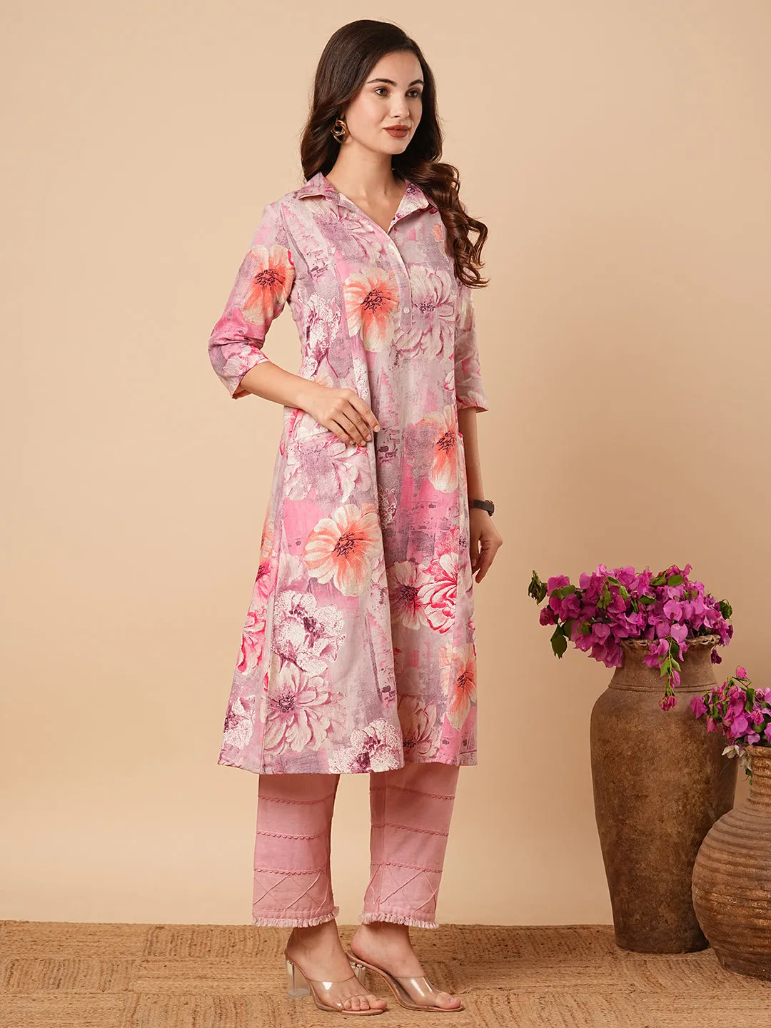 Abstract Floral Foil Printed A-Line Paneled Midi Dress - Pink