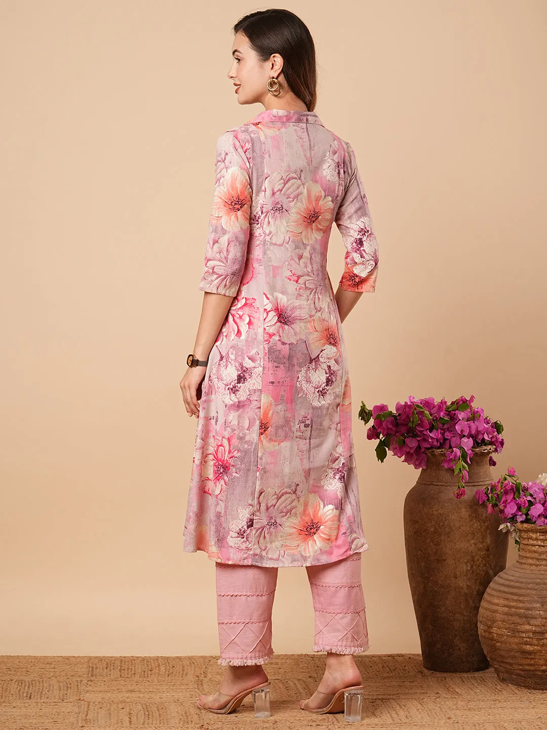 Abstract Floral Foil Printed A-Line Paneled Midi Dress - Pink