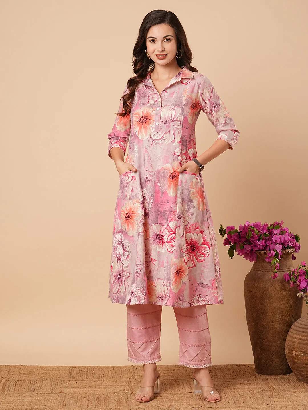 Abstract Floral Foil Printed A-Line Paneled Midi Dress - Pink