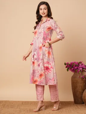 Abstract Floral Foil Printed A-Line Paneled Midi Dress - Pink