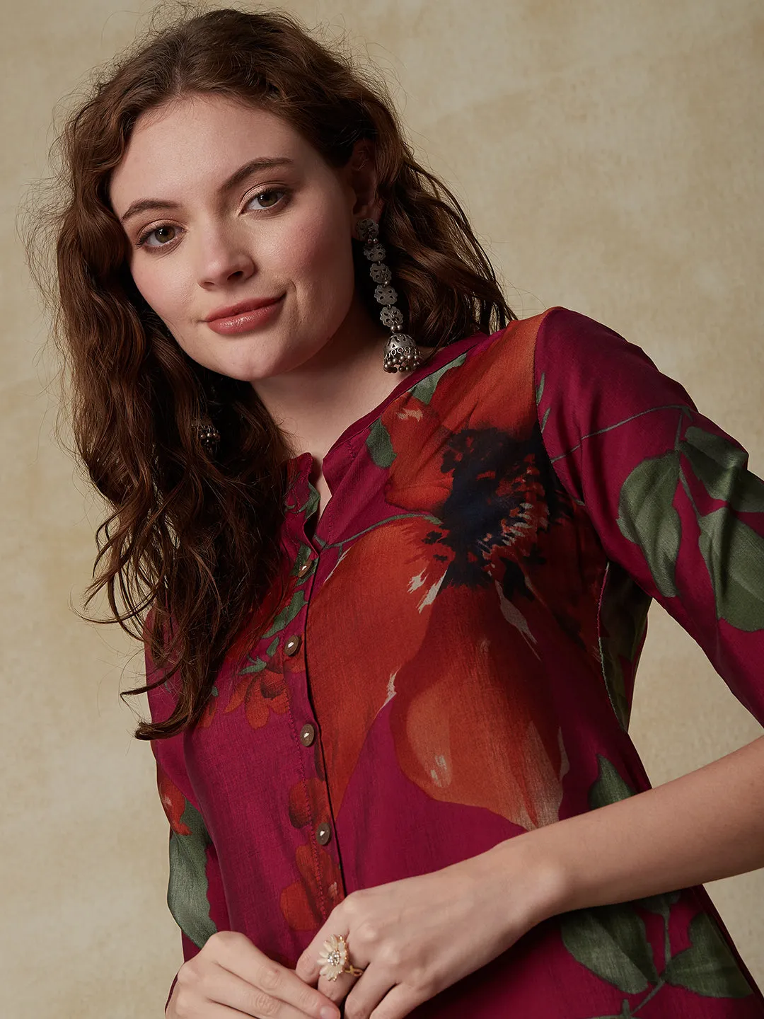 Abstract Floral Printed A-Line Kurta - Magenta