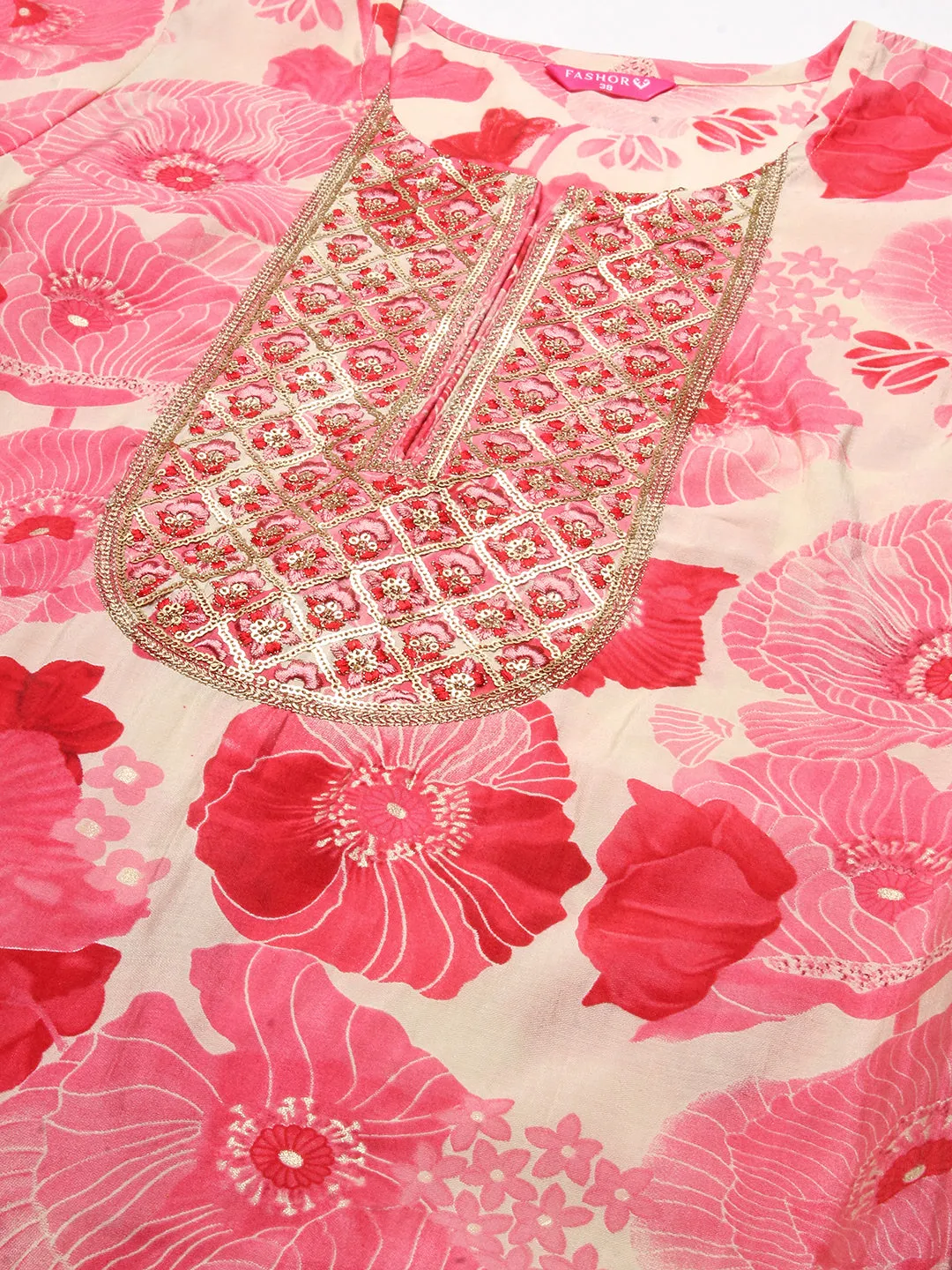 Abstract Floral Printed & Embroidered Straight Fit Kurta - Pink
