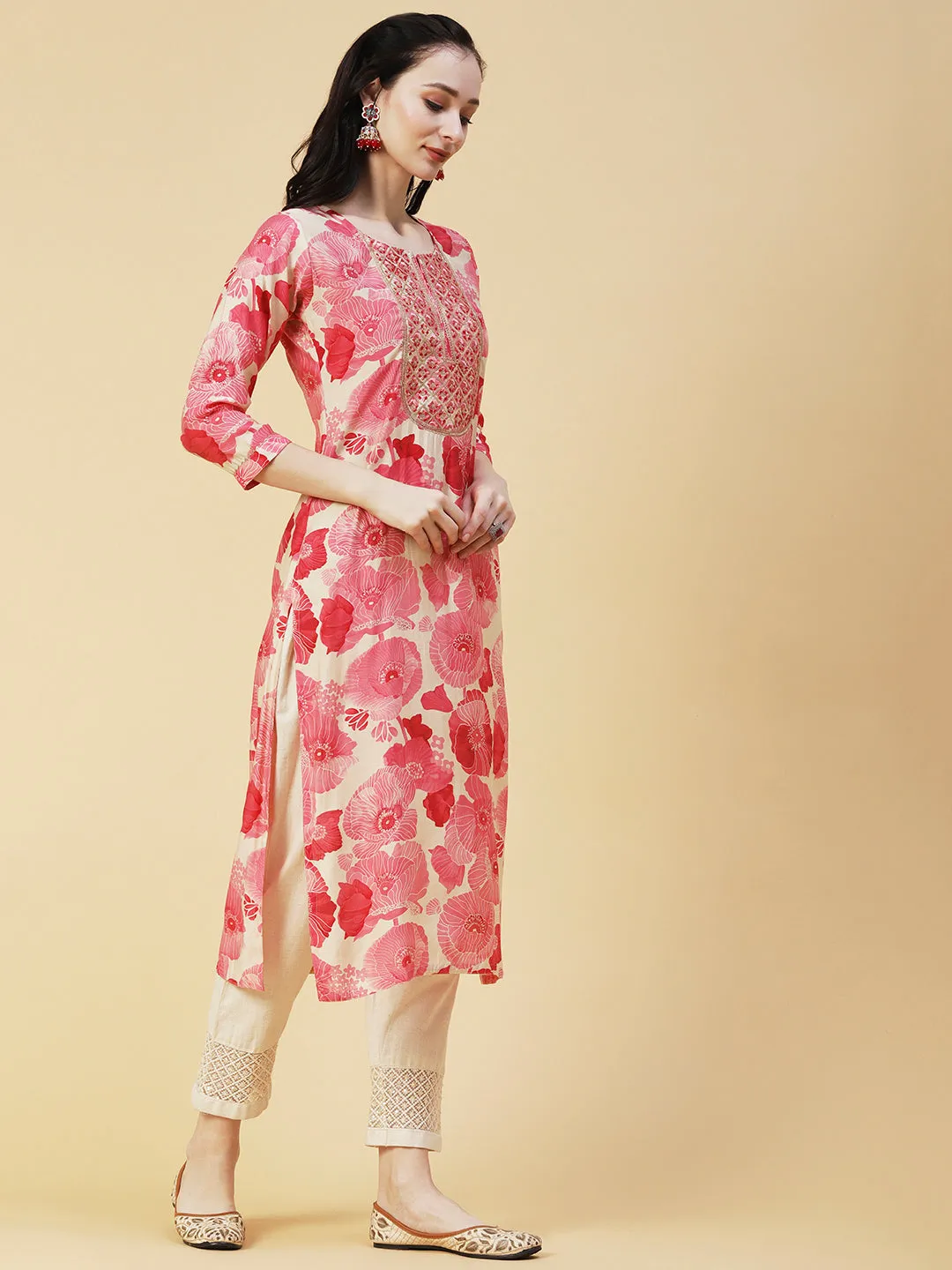 Abstract Floral Printed & Embroidered Straight Fit Kurta - Pink