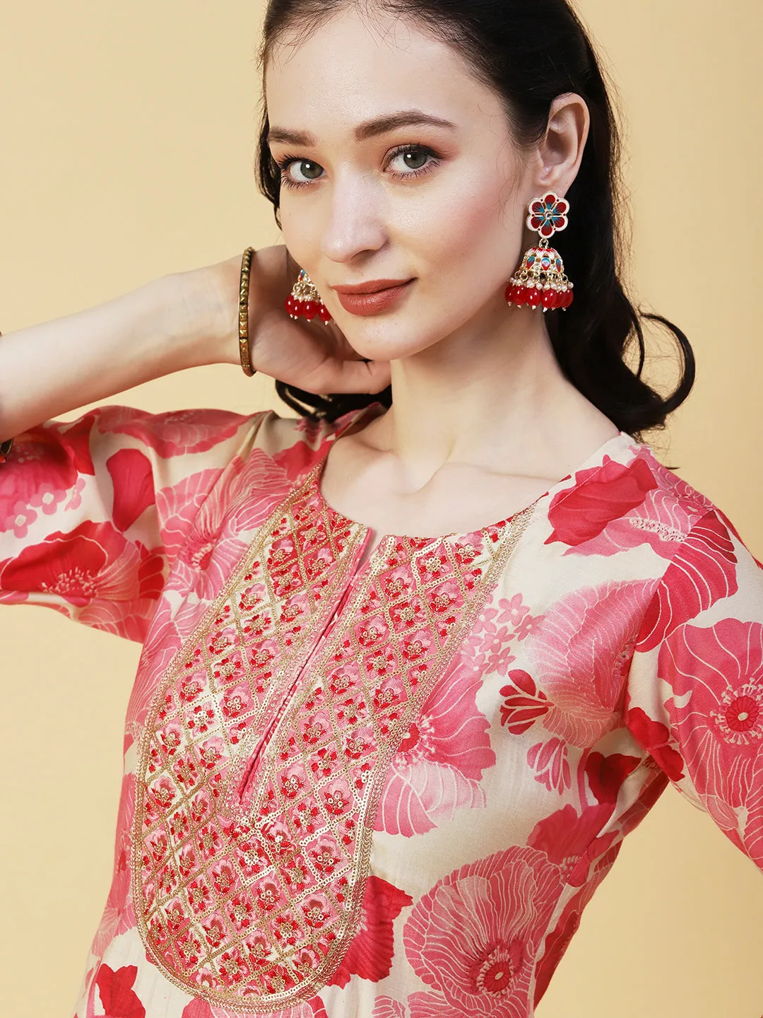 Abstract Floral Printed & Embroidered Straight Fit Kurta - Pink
