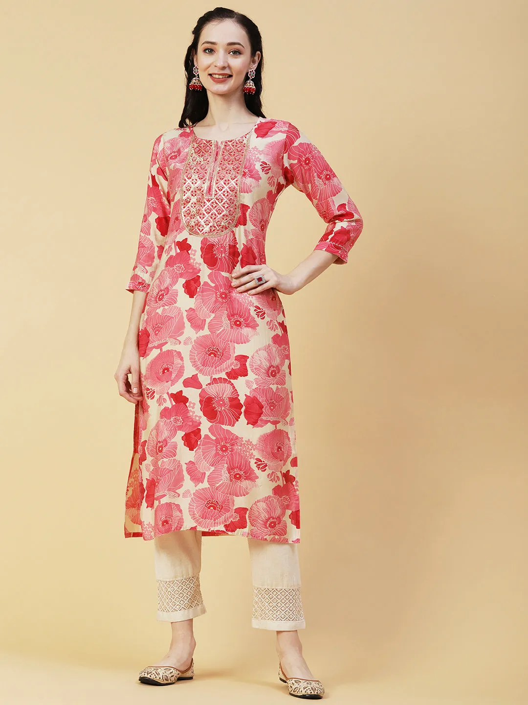 Abstract Floral Printed & Embroidered Straight Fit Kurta - Pink