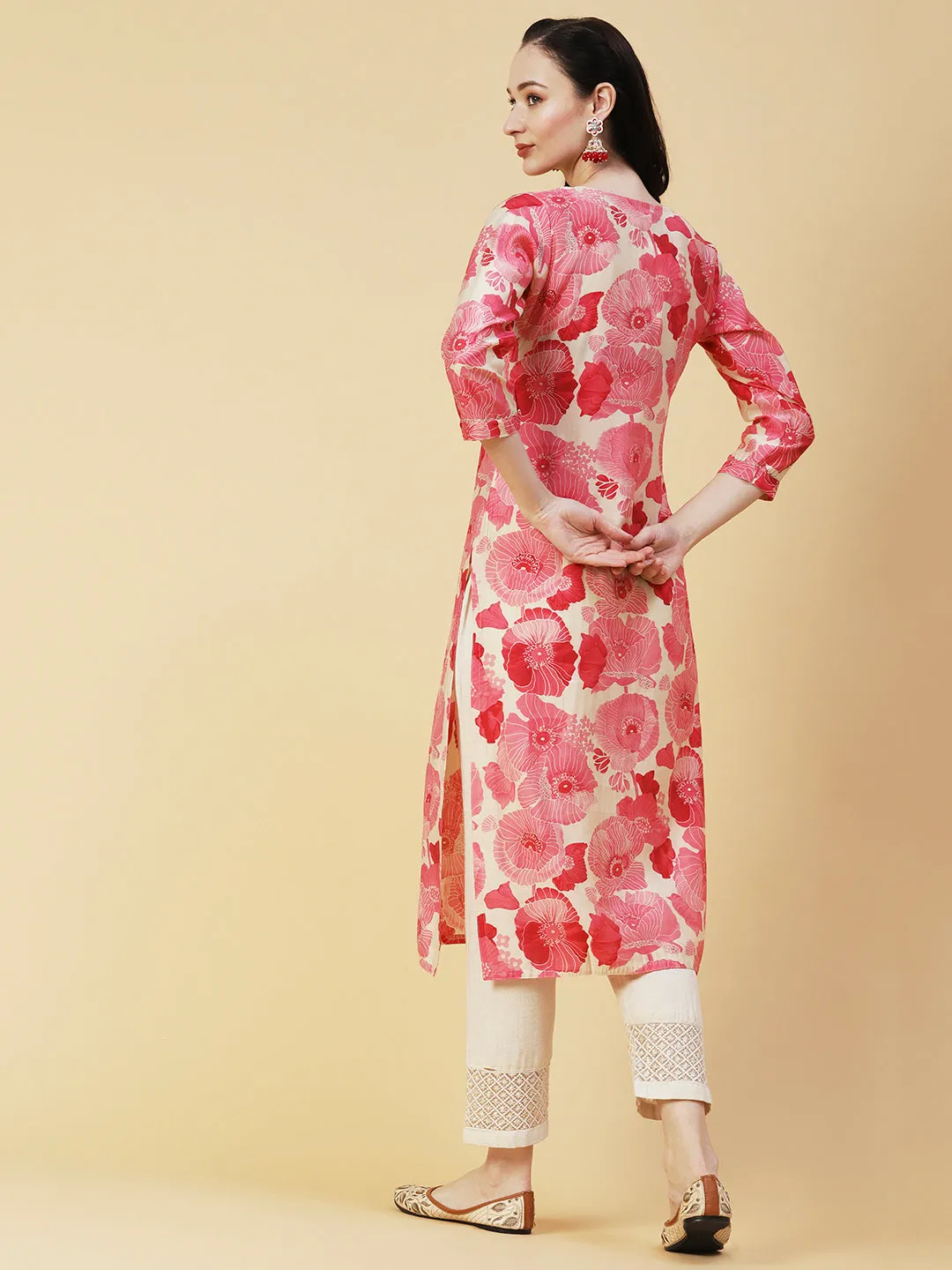 Abstract Floral Printed & Embroidered Straight Fit Kurta - Pink