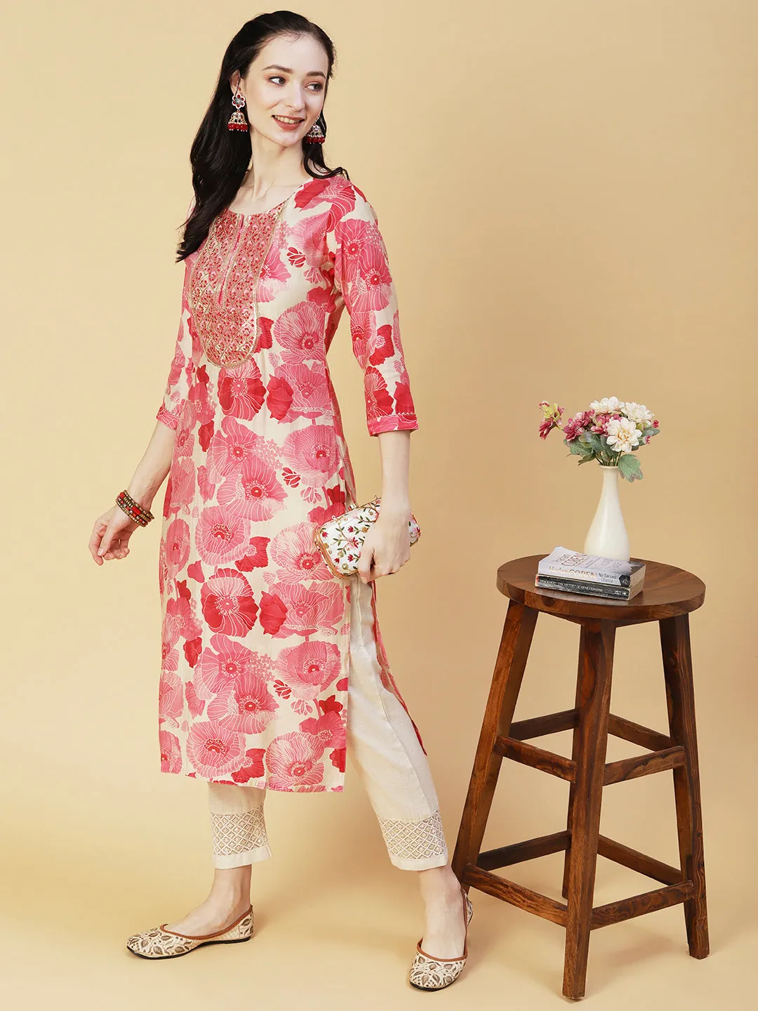 Abstract Floral Printed & Embroidered Straight Fit Kurta - Pink