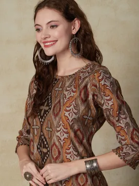 Abstract Printed Loop Lace Embellished Kurta - Multi & Mustard