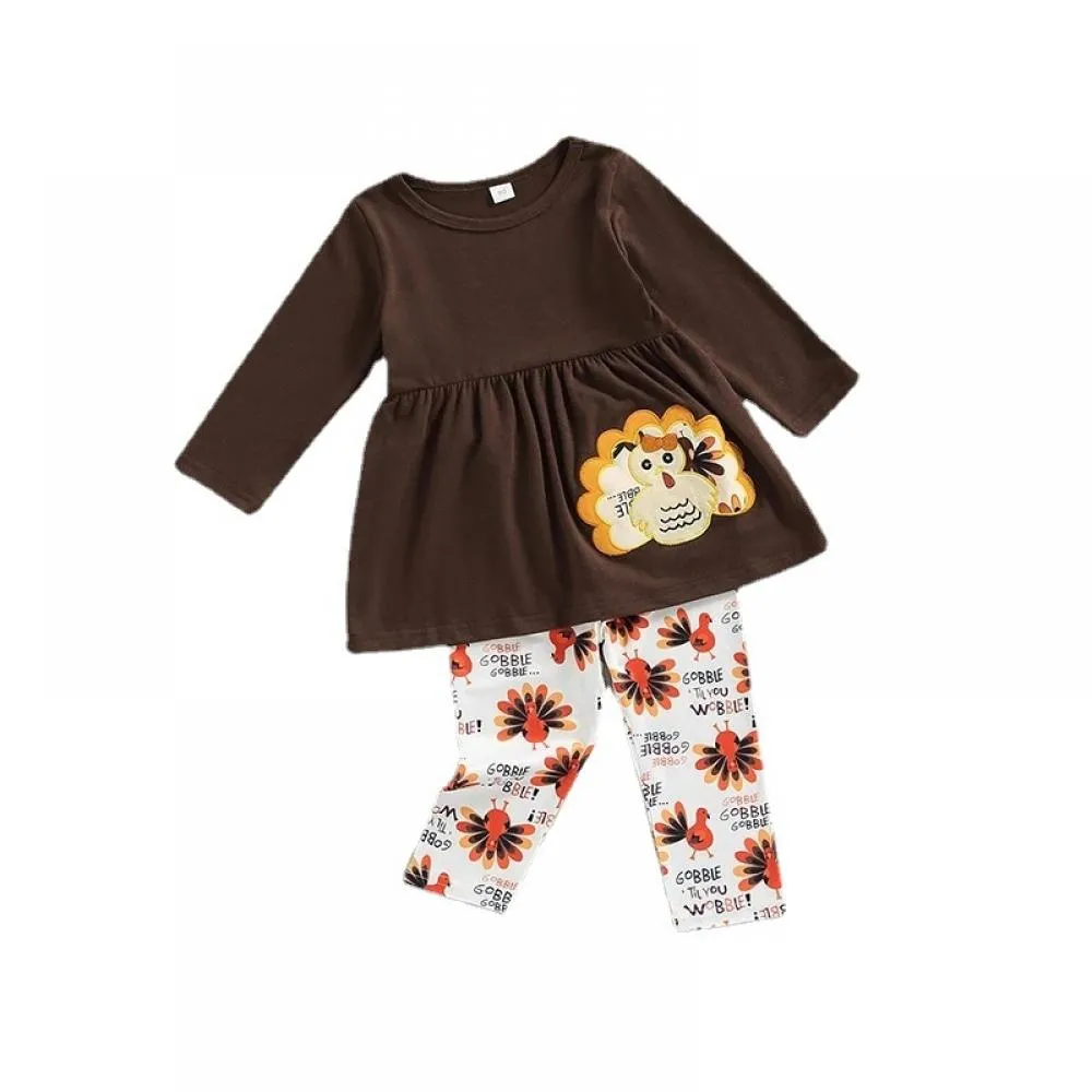 Autumn Toddler Girls Thanksgiving Set Turkey Embroidered Top Printed Pants Set Wholesale