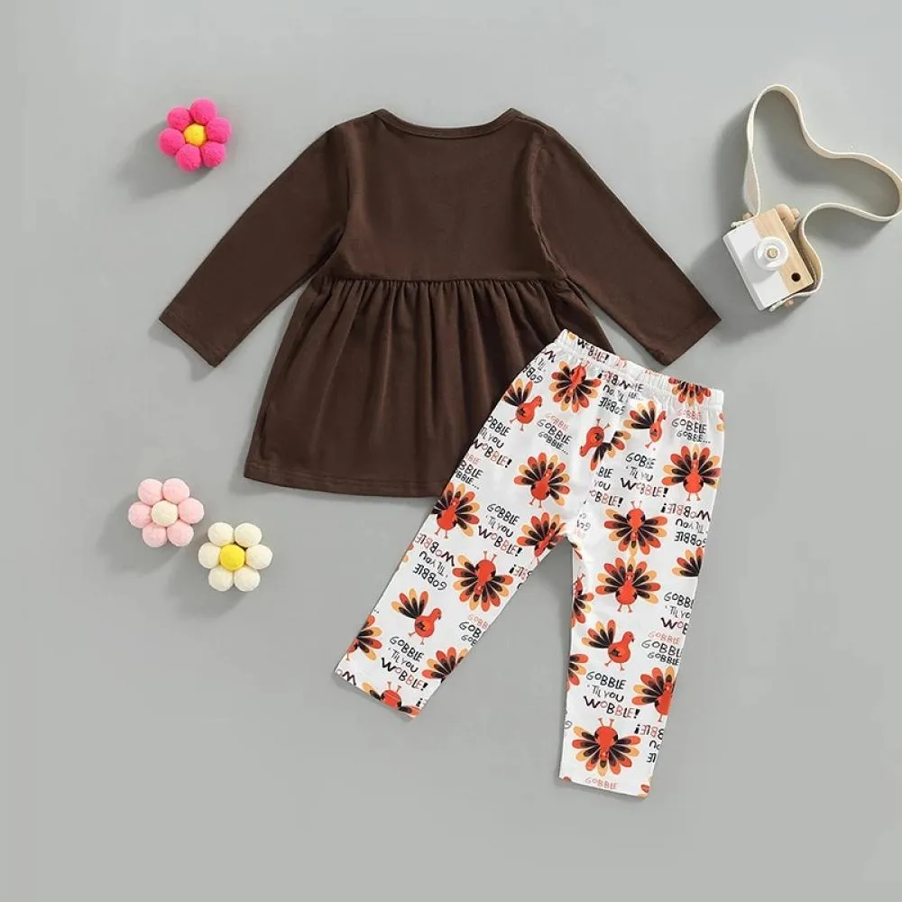 Autumn Toddler Girls Thanksgiving Set Turkey Embroidered Top Printed Pants Set Wholesale