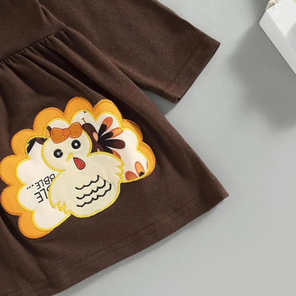Autumn Toddler Girls Thanksgiving Set Turkey Embroidered Top Printed Pants Set Wholesale