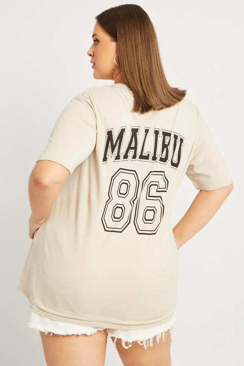 Beige Graphic T-shirt Short Sleeve Crew Neck