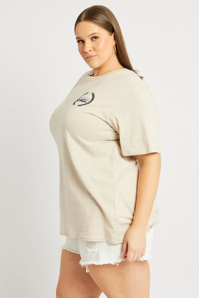 Beige Graphic T-shirt Short Sleeve Crew Neck