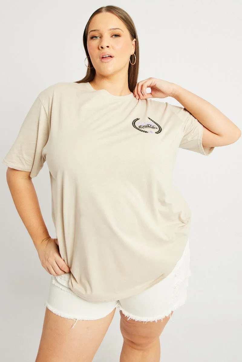 Beige Graphic T-shirt Short Sleeve Crew Neck