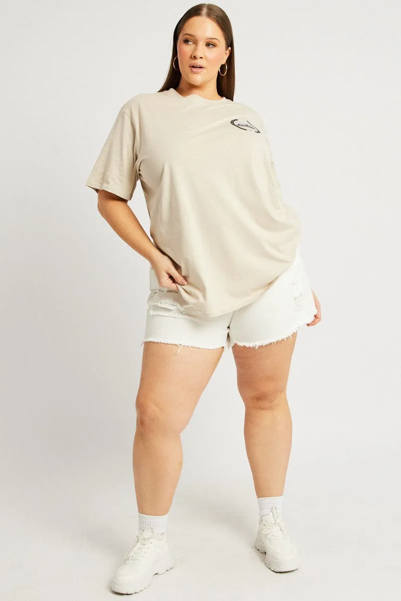 Beige Graphic T-shirt Short Sleeve Crew Neck