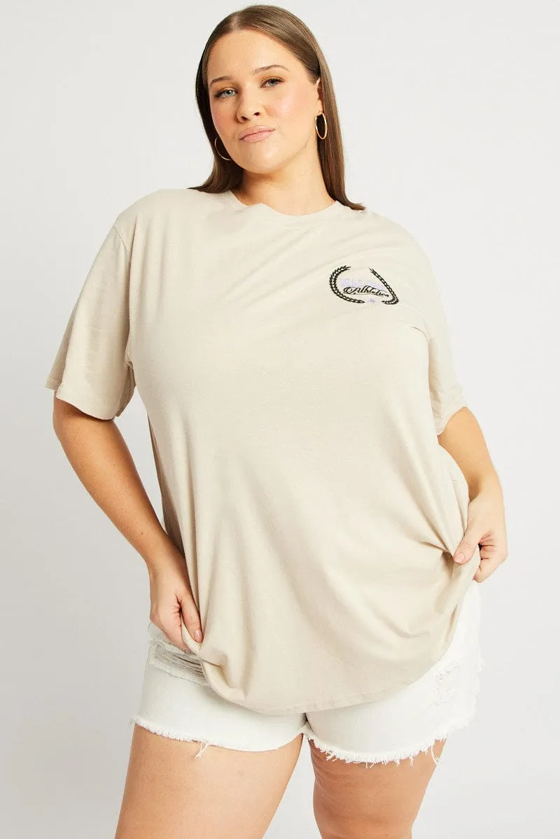 Beige Graphic T-shirt Short Sleeve Crew Neck