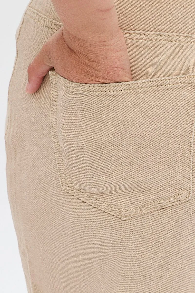 Beige Wide Leg Denim Jeans High Rise