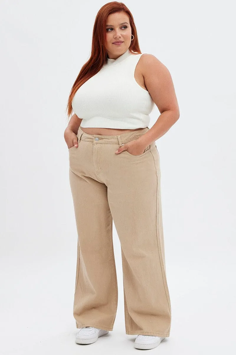 Beige Wide Leg Denim Jeans High Rise