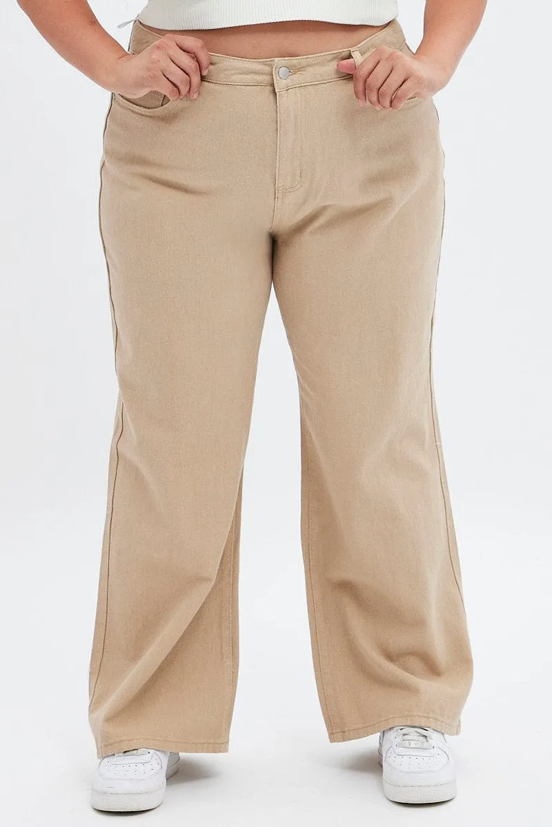 Beige Wide Leg Denim Jeans High Rise