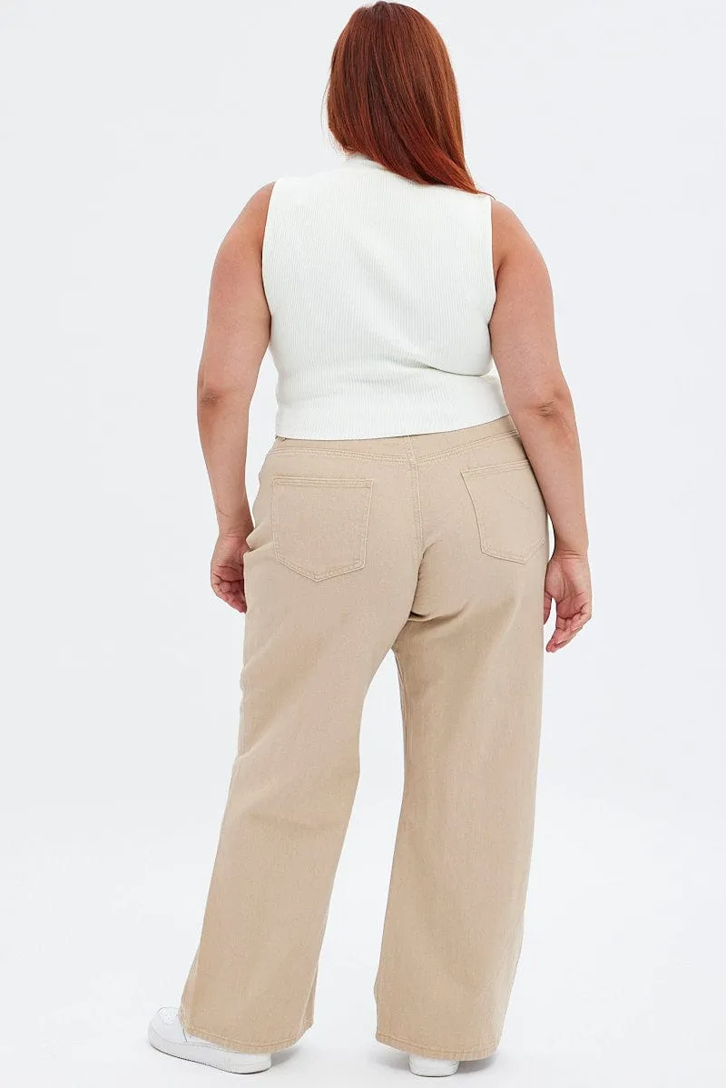 Beige Wide Leg Denim Jeans High Rise