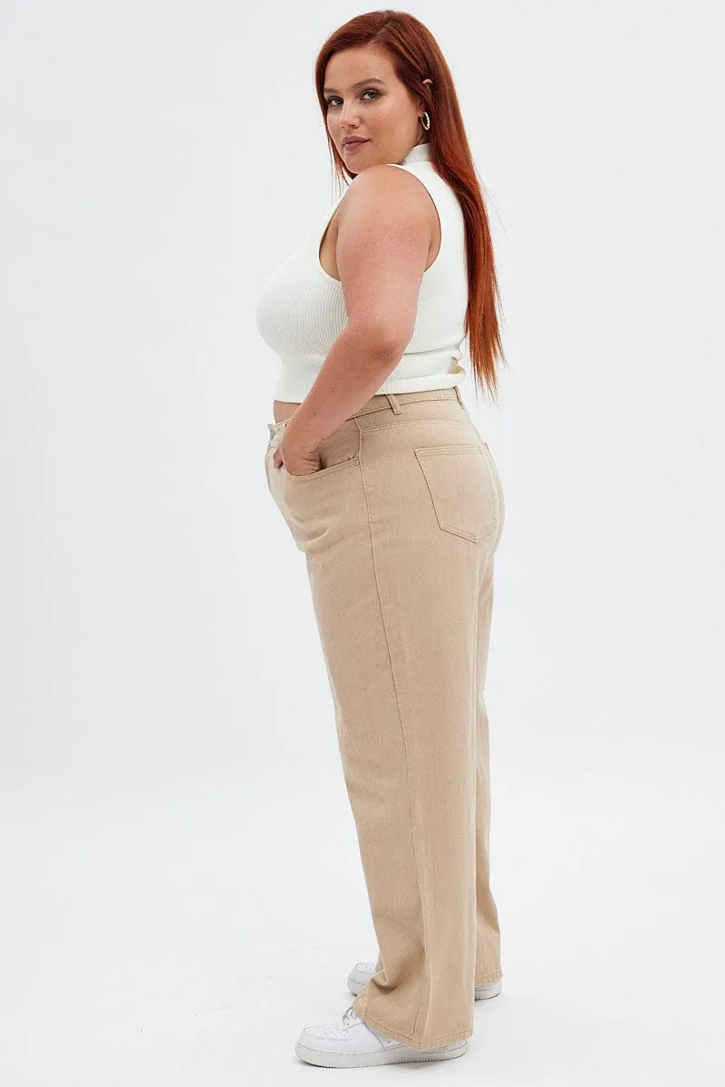 Beige Wide Leg Denim Jeans High Rise