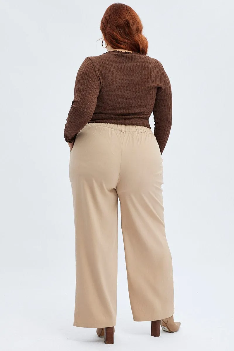 Beige Wide Leg Pants High Rise