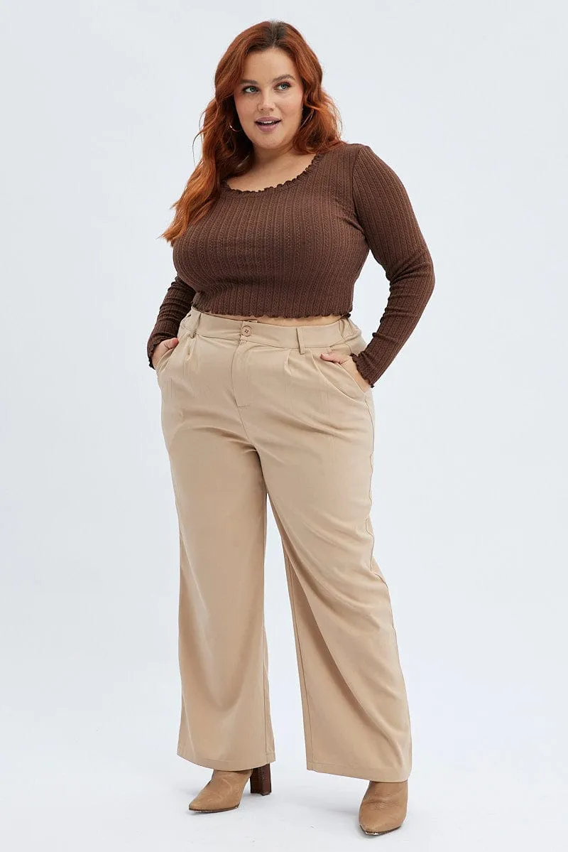 Beige Wide Leg Pants High Rise