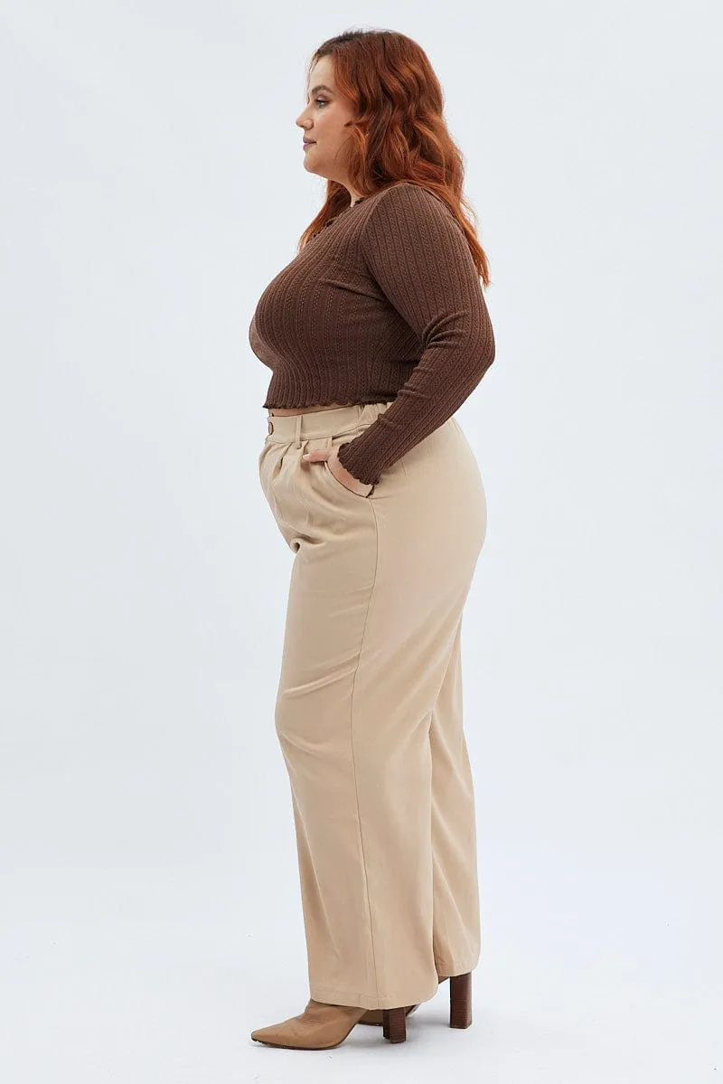 Beige Wide Leg Pants High Rise