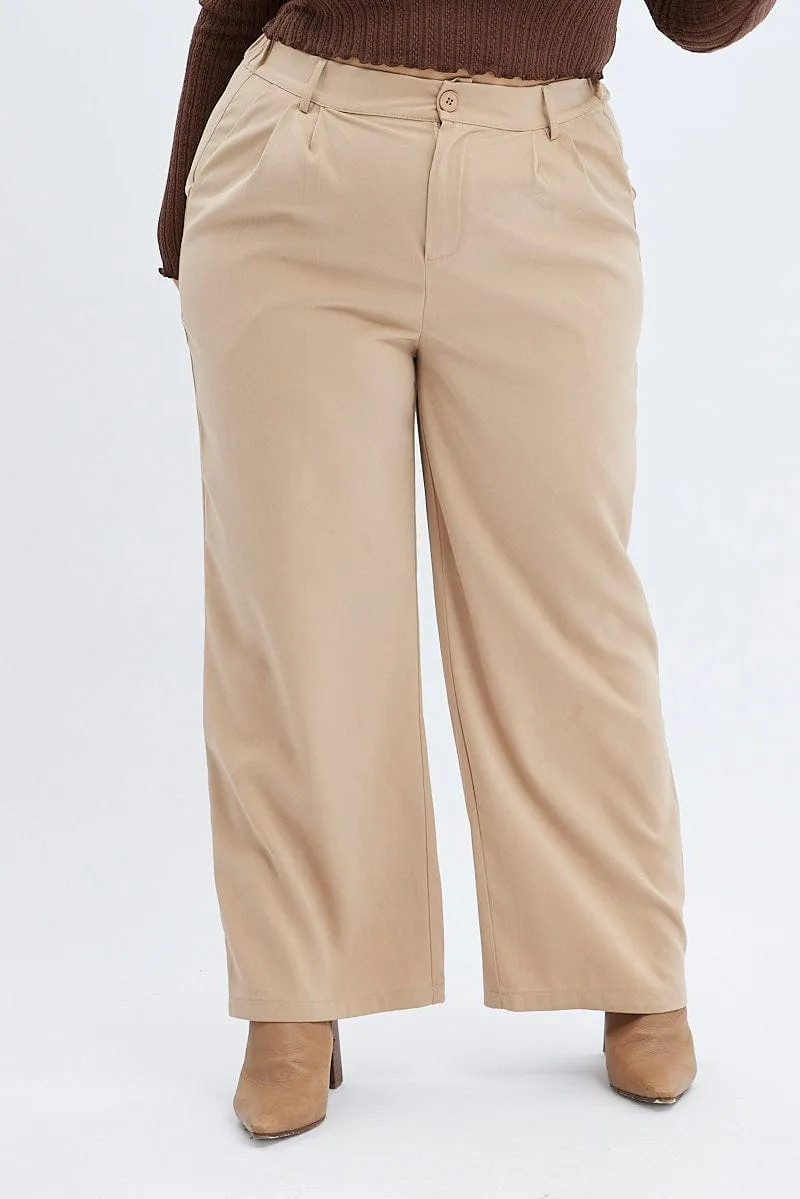 Beige Wide Leg Pants High Rise
