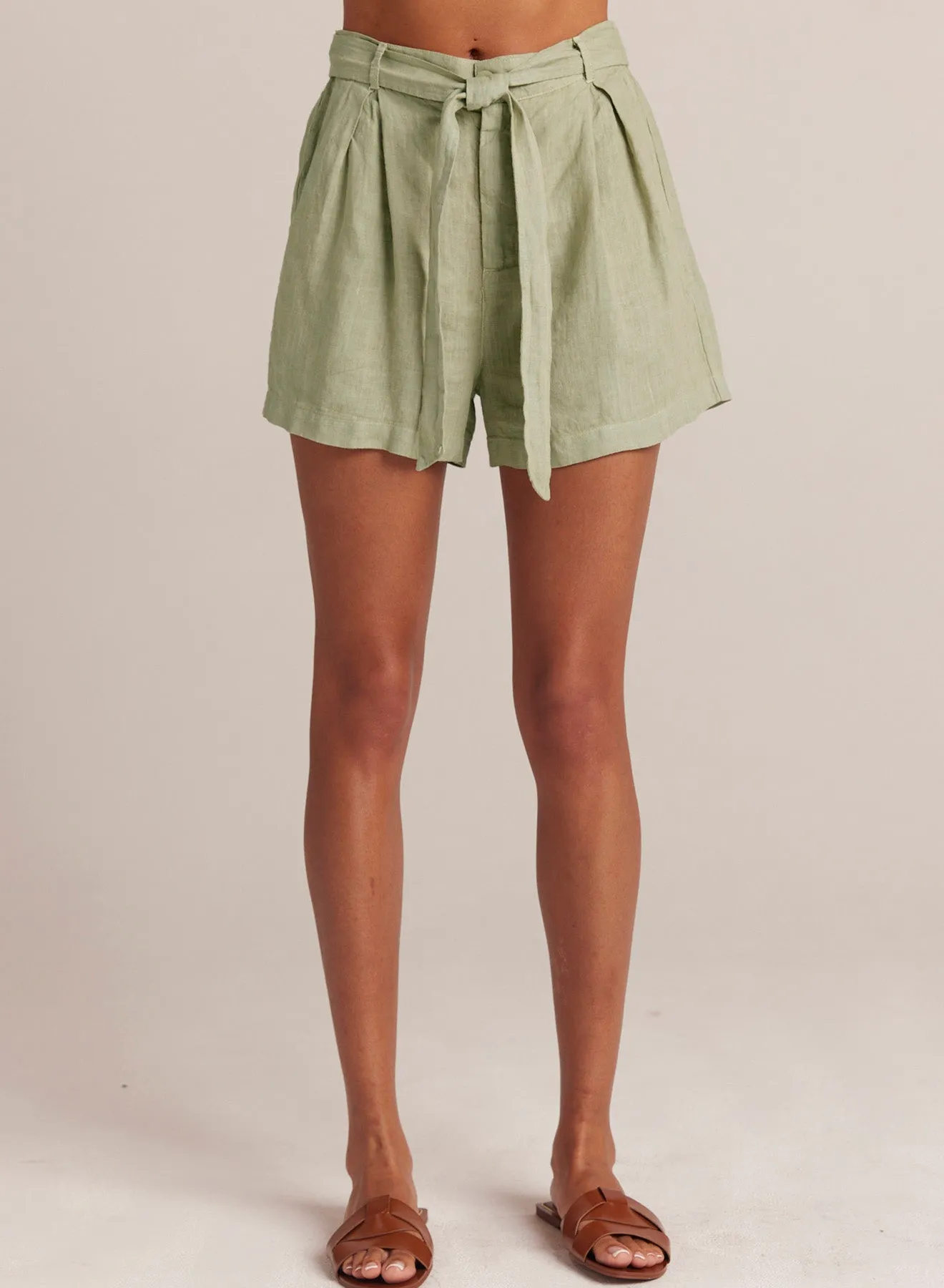 Belted Pleat Front Short - Pale Palm