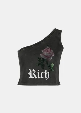 Black "Let's Kiss" One Shoulder Top