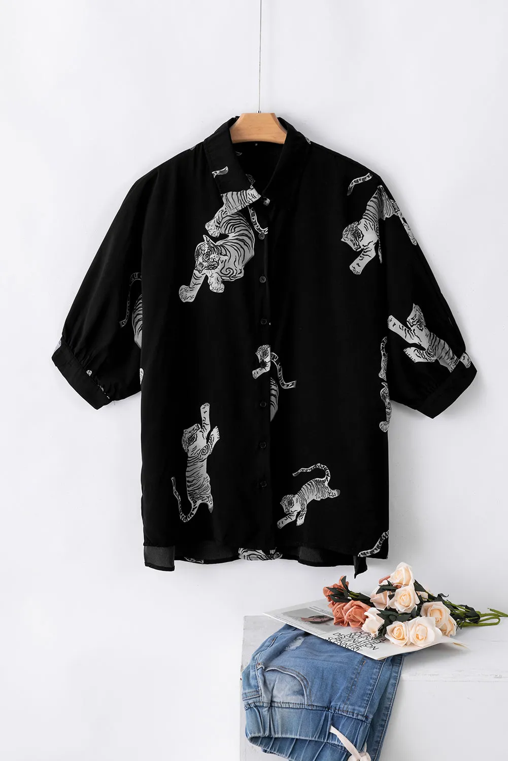 Black Tiger Print 3/4 Sleeve Oversized Shirt