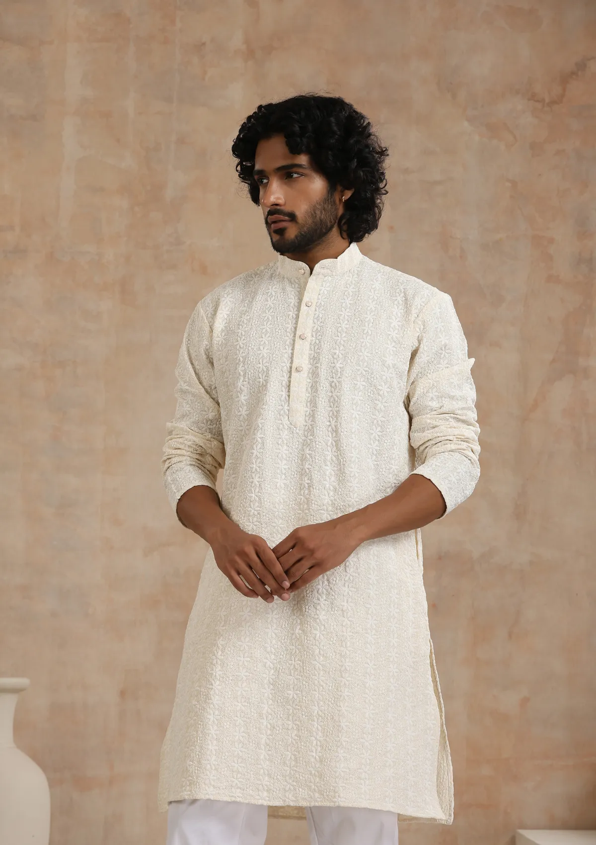 Cotton Blended Schiffli Solid Men's Long Kurta - Cream