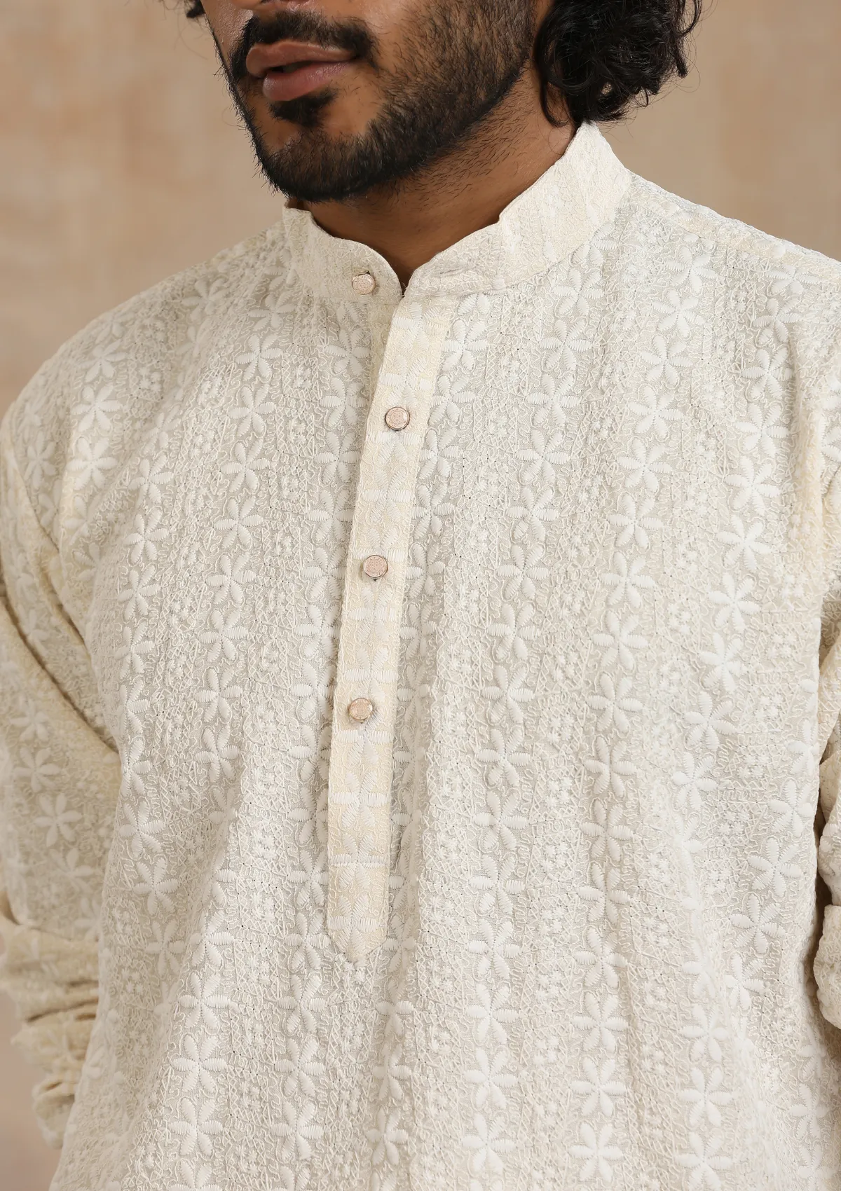 Cotton Blended Schiffli Solid Men's Long Kurta - Cream