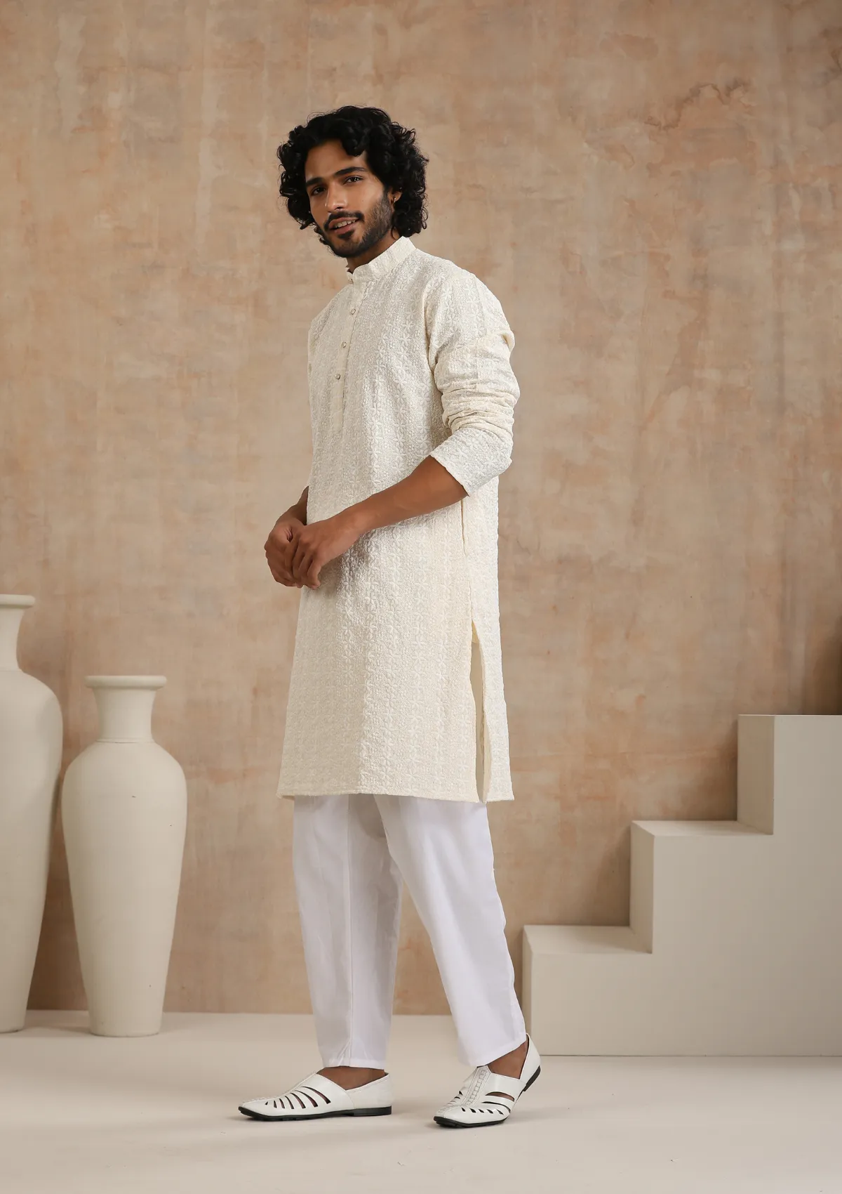 Cotton Blended Schiffli Solid Men's Long Kurta - Cream
