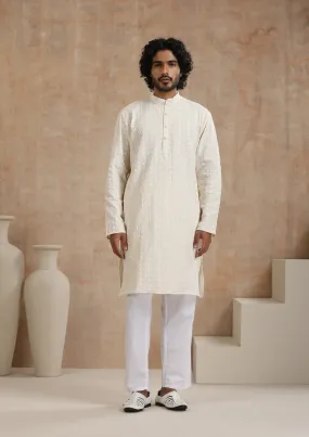 Cotton Blended Schiffli Solid Men's Long Kurta - Cream