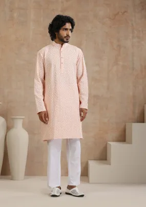 Cotton Blended Schiffli Solid Men's Long Kurta - Peach