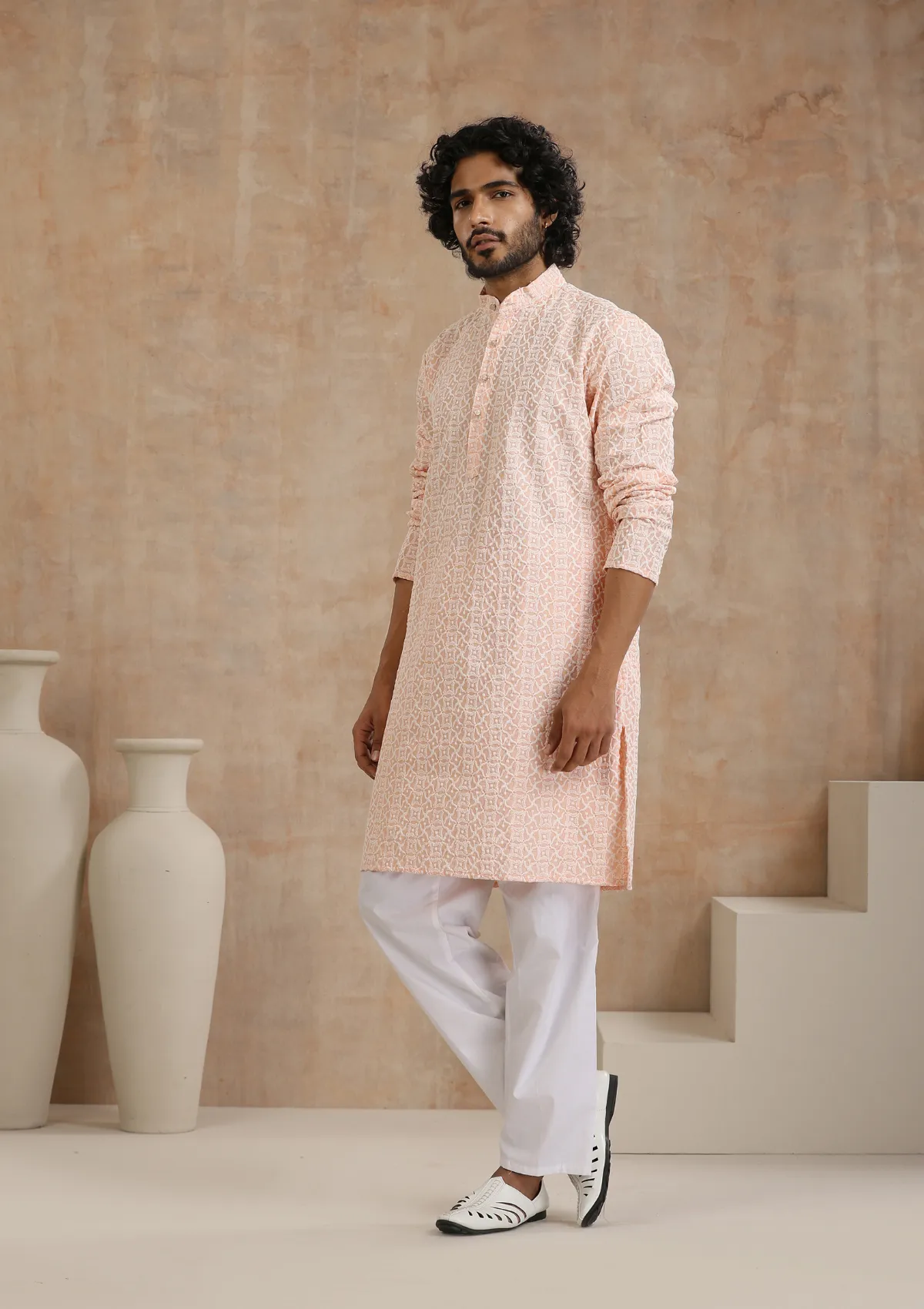 Cotton Blended Schiffli Solid Men's Long Kurta - Peach