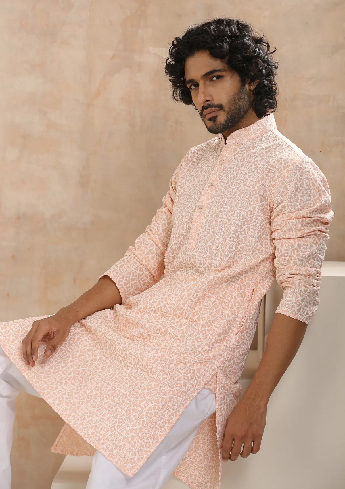 Cotton Blended Schiffli Solid Men's Long Kurta - Peach