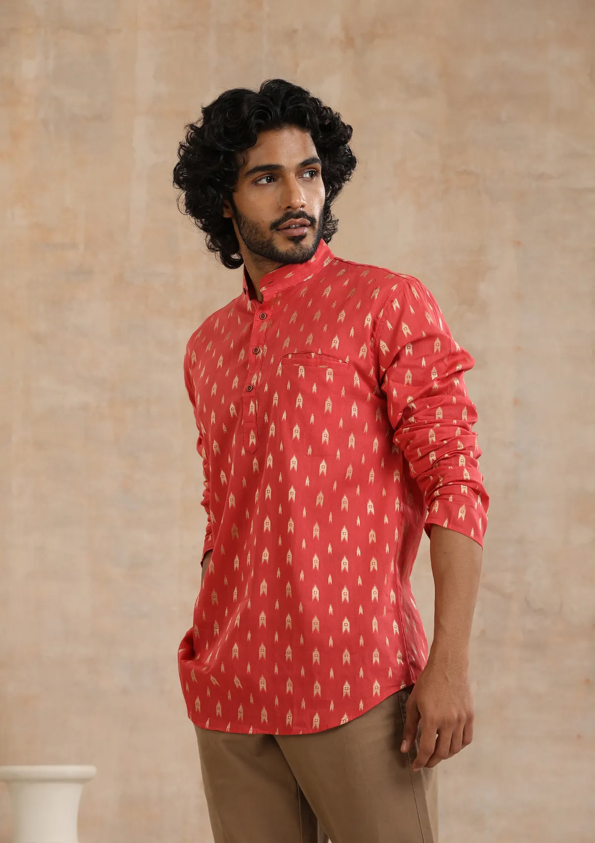 Cotton Jacquard Solid Men's Short Kurta - Pink