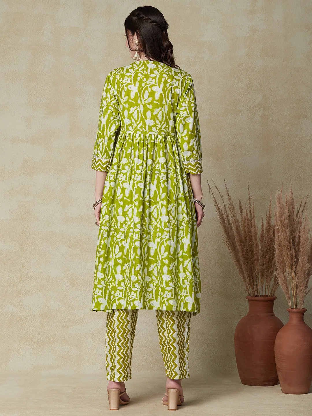 Ethnic & Chevron Printed A-Line Pleated Kurta with Pant - Green