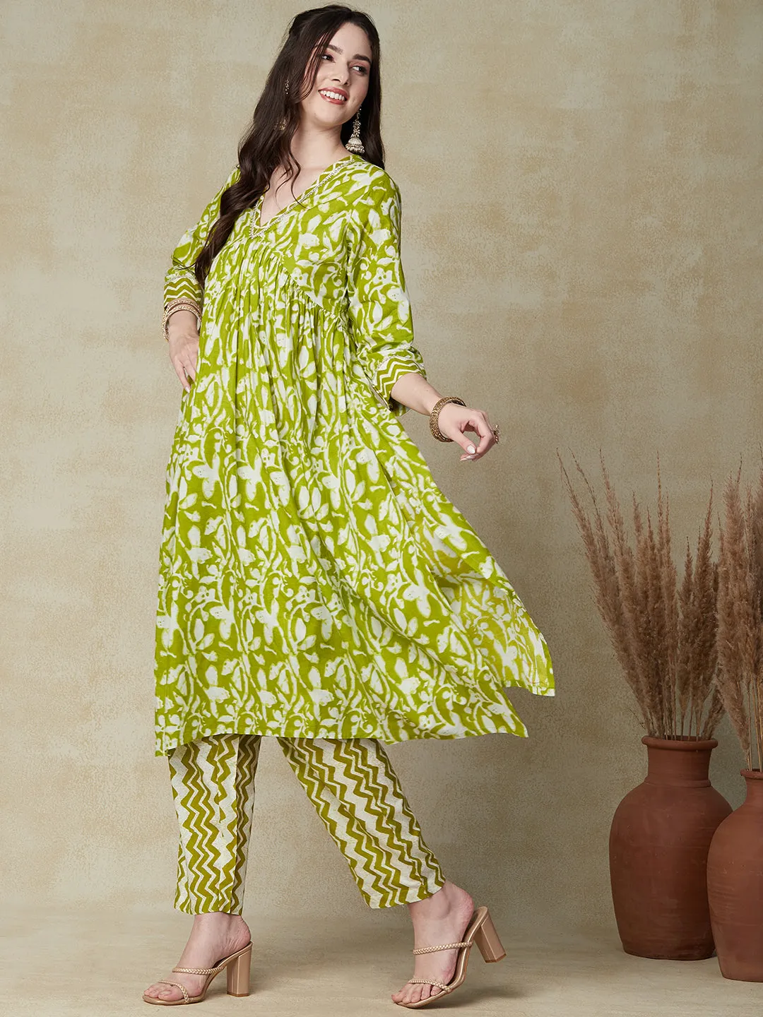 Ethnic & Chevron Printed A-Line Pleated Kurta with Pant - Green