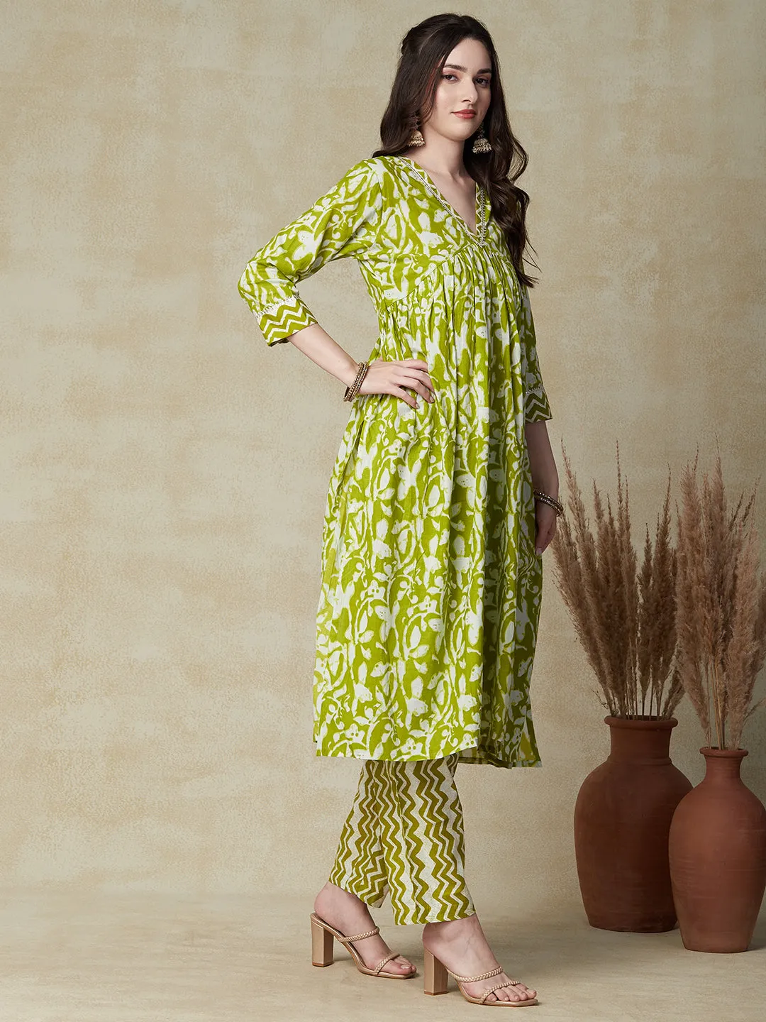 Ethnic & Chevron Printed A-Line Pleated Kurta with Pant - Green