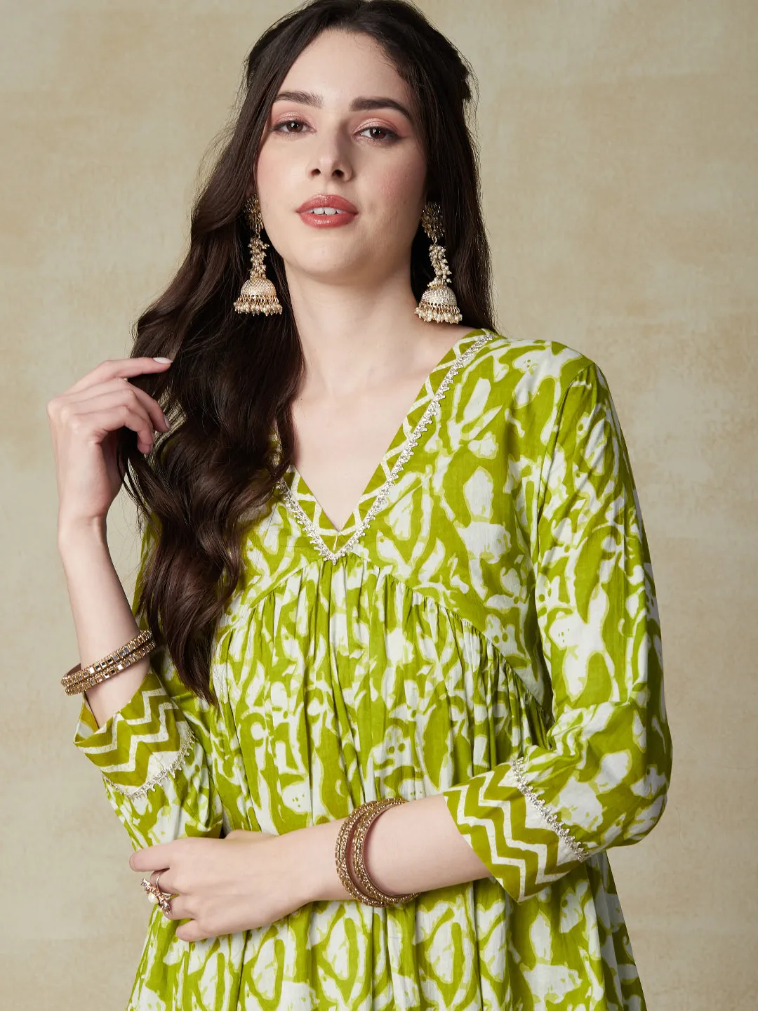 Ethnic & Chevron Printed A-Line Pleated Kurta with Pant - Green