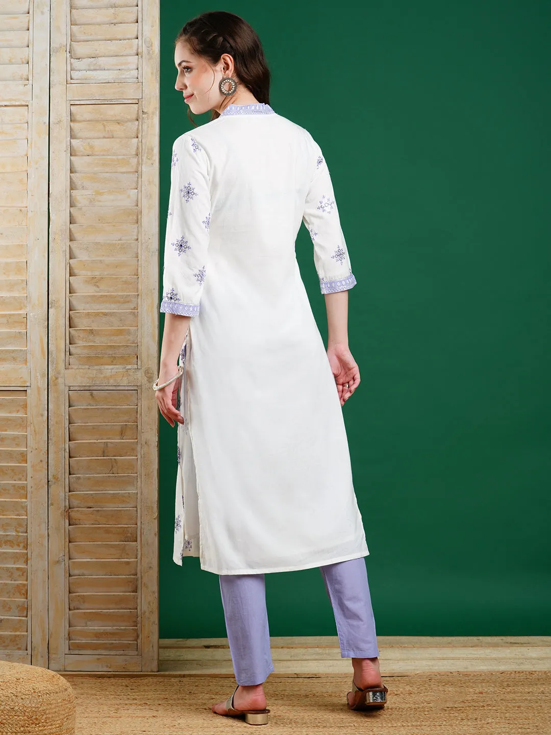 Ethnic & Sequin Embroidered Straight Kurta with Pant - Off White