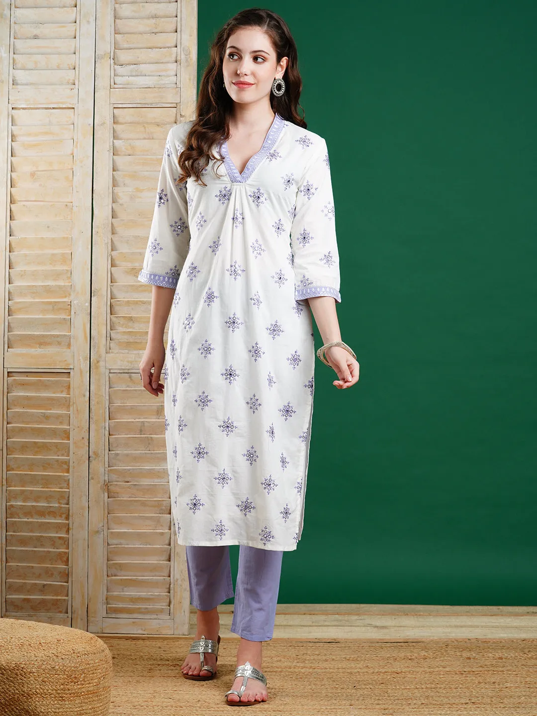 Ethnic & Sequin Embroidered Straight Kurta with Pant - Off White