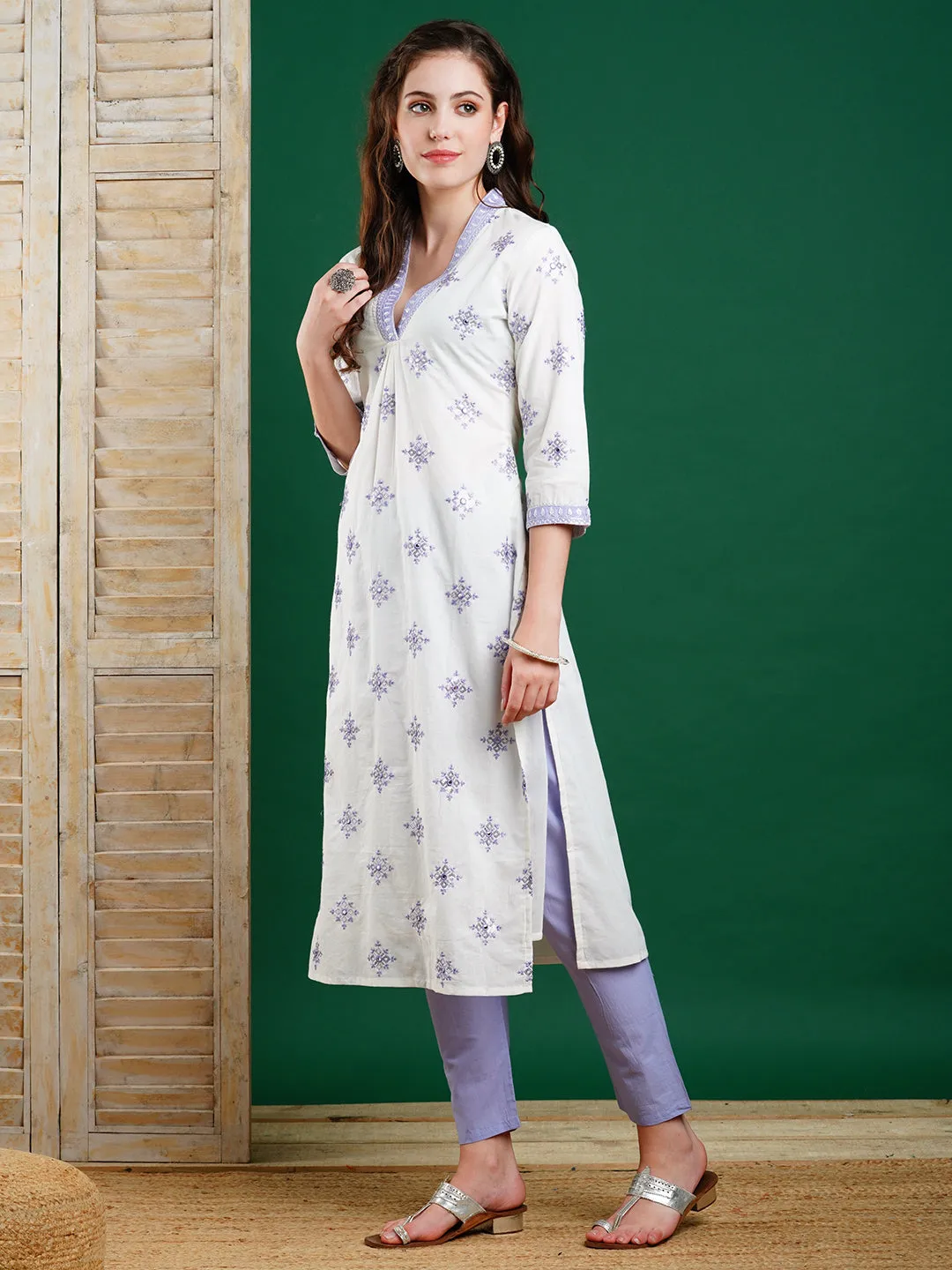 Ethnic & Sequin Embroidered Straight Kurta with Pant - Off White