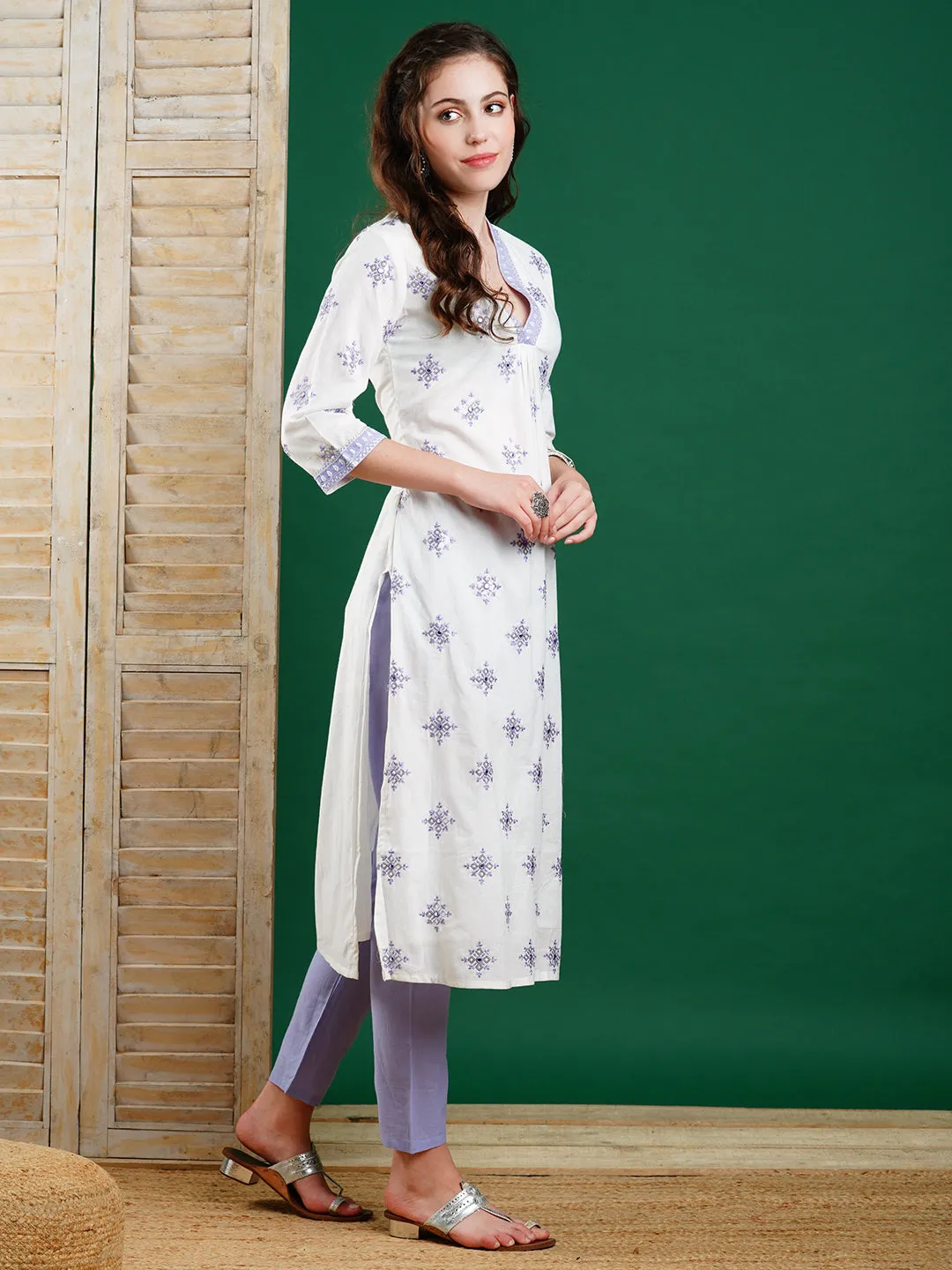 Ethnic & Sequin Embroidered Straight Kurta with Pant - Off White